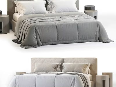 Modern Double Bed Interior With Soft Bedding Pillows Headboard And Wooden Nightstands 3d model