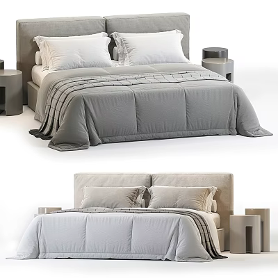 Modern Double Bed Interior With Soft Bedding Pillows Headboard And Wooden Nightstands 3d model