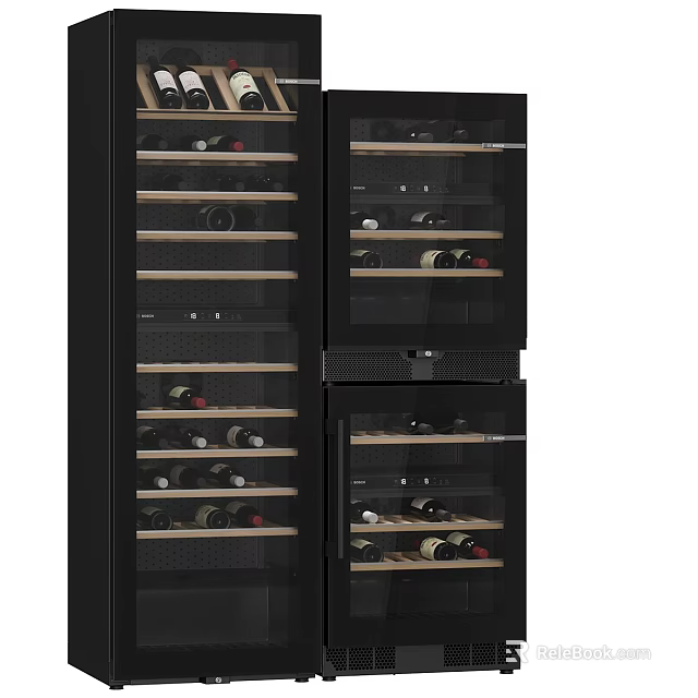 Modern Black Wine Cooler With Glass Door And Multiple Shelves For Wine Storage 3d model 