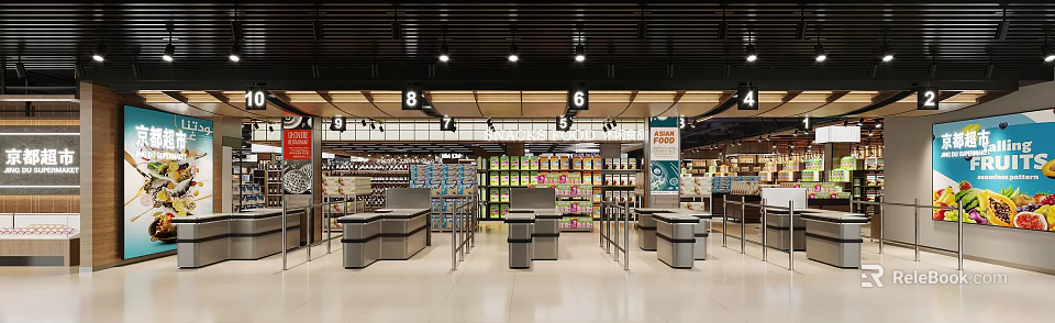 Well Stocked Supermarket Interior With Numbered Checkout Lanes And Product Shelves 3d model 