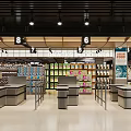 Well Stocked Supermarket Interior With Numbered Checkout Lanes And Product Shelves