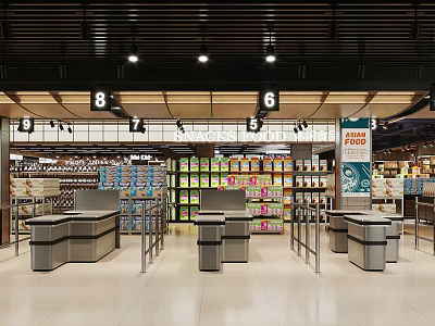 Well Stocked Supermarket Interior With Numbered Checkout Lanes And Product Shelves 3d model
