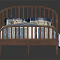 Wooden Bed Furniture With Blue And White Striped Quilt And Plaid Pillows