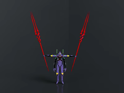 Scifi Character With Purple Body Green Yellow Details And Red Weapons In Dark Background 3d model