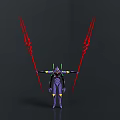 Scifi Character With Purple Body Green Yellow Details And Red Weapons In Dark Background