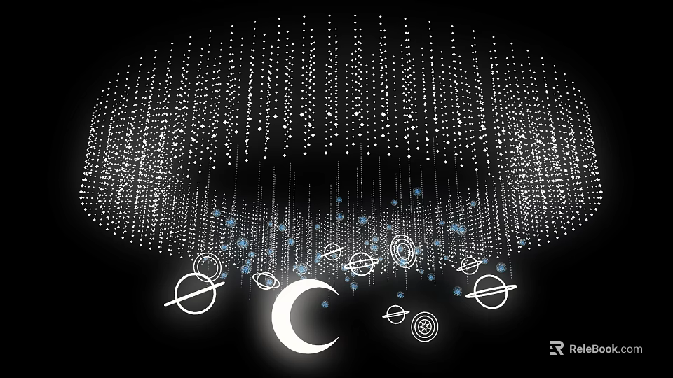 Circular Chandelier with Hanging Threads and White Dots Featuring Moon Planets Rings and Spirals 3d model 