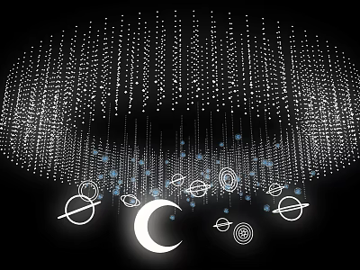 Circular Chandelier with Hanging Threads and White Dots Featuring Moon Planets Rings and Spirals 3d model
