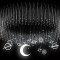 Circular Chandelier with Hanging Threads and White Dots Featuring Moon Planets Rings and Spirals 3d model