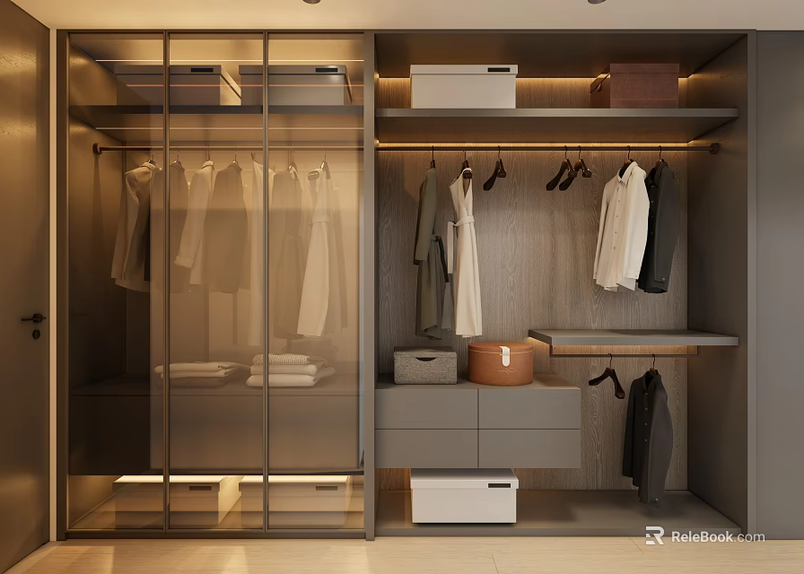 Modern Wardrobe Interior Design With Glass Doors Hanging Rods Drawers And Storage Boxes 3d model 