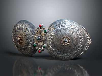Decorative Display Shelves Showcasing Ornate Carved Metal Containers With Colorful Gemstone Details 3d model