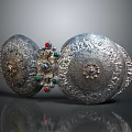 Decorative Display Shelves Showcasing Ornate Carved Metal Containers With Colorful Gemstone Details