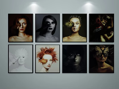 Eight Framed Portrait Paintings With Diverse Styles Displayed On Wall With Spotlights 3d model