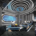 Modern KTV Lounge Interior With Neon Lights Circular Ceiling And Sofa Seating For Singing Dancing