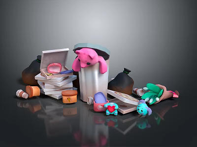 Everyday Household Items Including Pink Trash Can Books Glasses Shoes And Toys 3d model