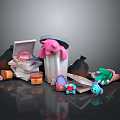 Everyday Household Items Including Pink Trash Can Books Glasses Shoes And Toys