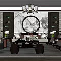 Traditional Chinese Living Room Interior Design With Circular Landscape Painting Chandelier And Symmetrical Cabinets