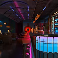 Modern Bar Interior With Neon Lights Bar Counter High Stools And Seating Area