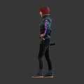 3D Female Character Front And Back View Red Hair Green Black Outfit Backpack Weapon