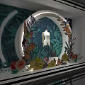 Shop Window Display With Green Leaf Background White Mannequin And Floral Decorations