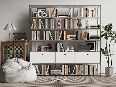 Modern Open Shelf Bookcase with Books Decorative Items Bean Bag and Potted Plant 3d model