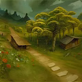 Cartoon Scenery With Rolling Mountains Green Trees Small Houses Stone Path And Colorful Flowers