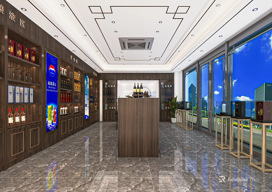 Tobacco and Liquor Store Modern Interior With Wooden Display Shelves Marble Floor And Large Windows 3d model 