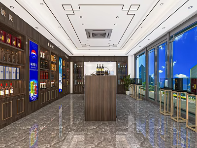 Tobacco and Liquor Store Modern Interior With Wooden Display Shelves Marble Floor And Large Windows 3d model