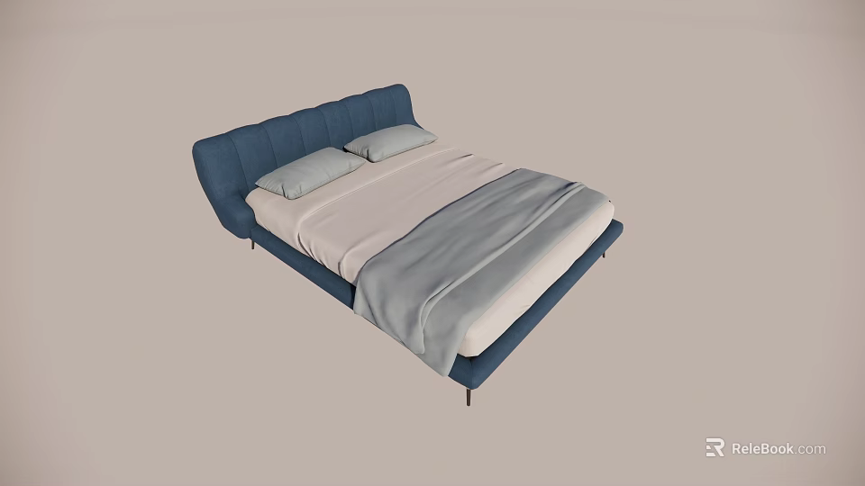 Modern Double Bed Design With Blue Upholstered Headboard And White Gray Bedding 3d model 
