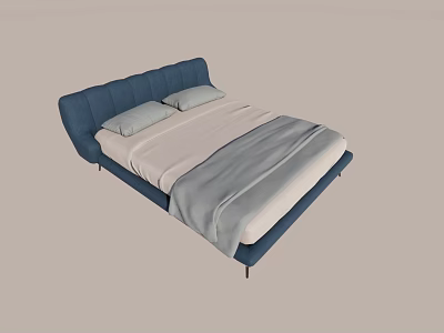 Modern Double Bed Design With Blue Upholstered Headboard And White Gray Bedding 3d model