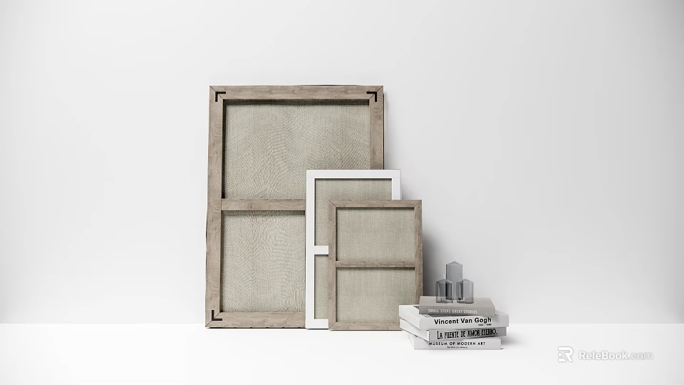 Modern Decorative Ornament Set With Wooden White Frames Stacked Books And Small Decorative Pieces 3d model 