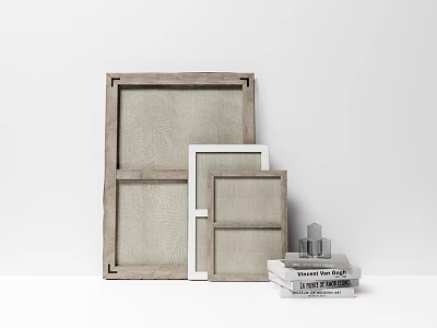 Modern Decorative Ornament Set With Wooden White Frames Stacked Books And Small Decorative Pieces 3d model