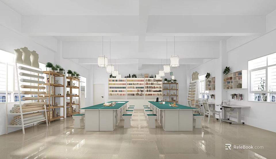 Modern School Library Interior Design With Bookshelves Green Plants And Pendant Lights 3d model 