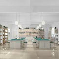 Modern School Library Interior Design With Bookshelves Green Plants And Pendant Lights