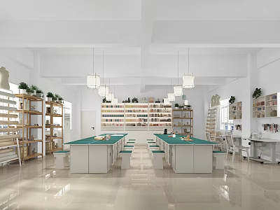 Modern School Library Interior Design With Bookshelves Green Plants And Pendant Lights 3d model