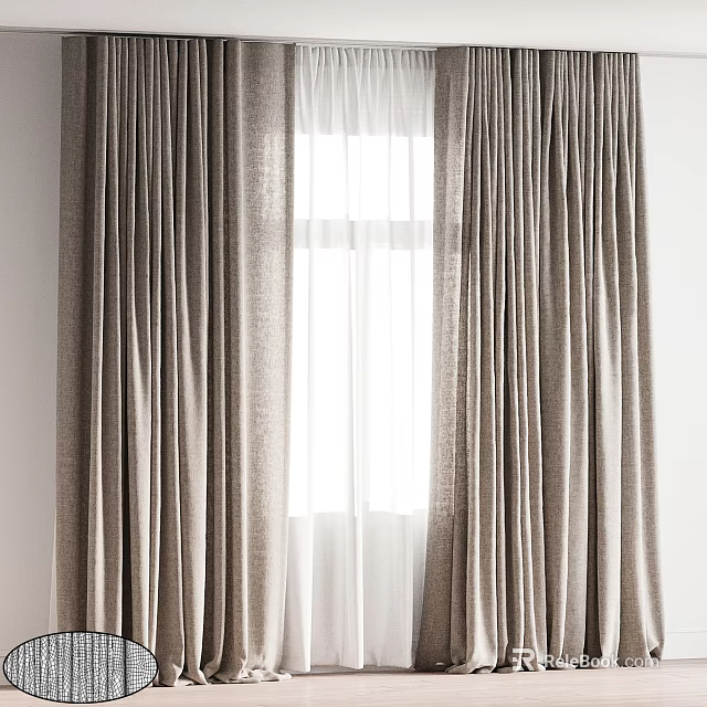 Beige Linen Curtains Double Panel Design For Bright Window With Natural Light 3d model 