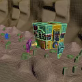 Yellow And Blue Robot With Mechanical Legs On Sandy Rocky Terrain Near Purple Object
