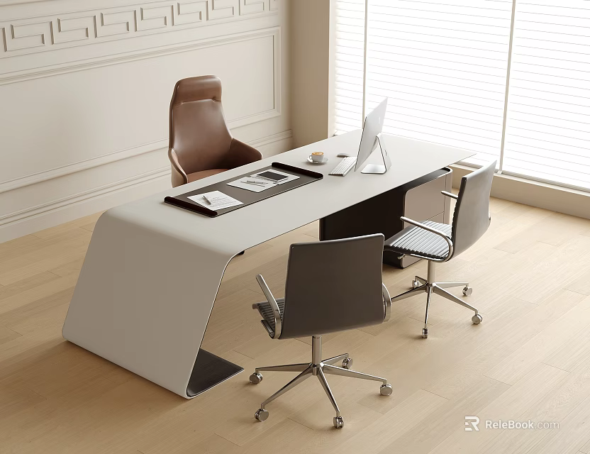 Modern Office Desk and Chair Set White Desk with Laptop Brown Leather Black Wheeled Chairs 3d model 
