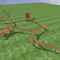 Curved Wooden Walkway With Red Borders On Green Grass Road Infrastructure With Red Tower