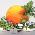 Tropical Decorative Scene With Orange Circular Backdrop Palm Tree Green Plants Chair Lifebuoy Round Lights