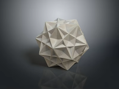 Geometric Wooden Polyhedron Sculpture With Triangular Faces On Reflective Black Surface 3d model