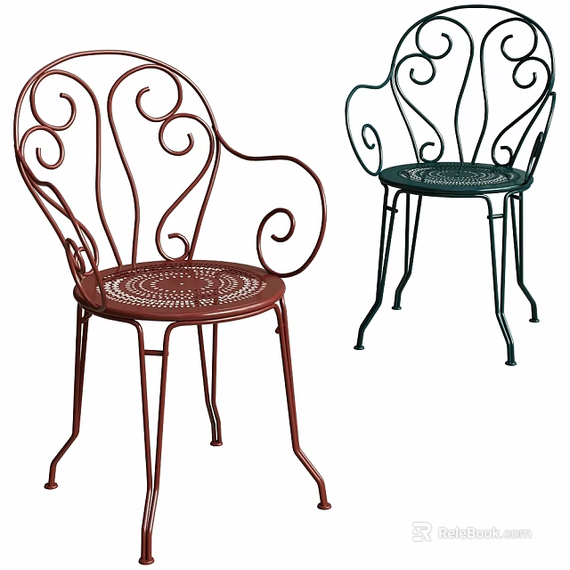 Outdoor Metal Leisure Chairs With Scroll Armrests And Red Green Colors 3d model 