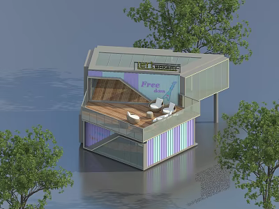 Modern Container Building With Terrace Chairs Free Wi-Fi And Green Trees 3d model