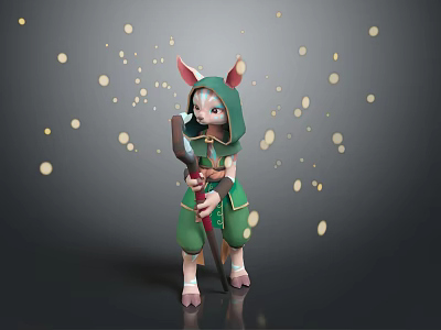 Game Movie Character With Deer Ears Green Hooded Outfit Holding Staff And Golden Light Spots 3d model