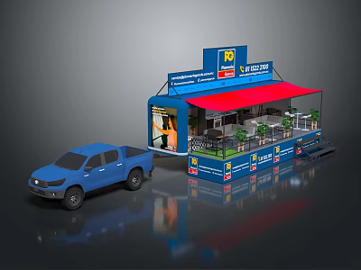 Modern Blue Pickup Truck With Mobile Kiosk Red Awning And Seating Setup 3d model
