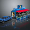 Modern Blue Pickup Truck With Mobile Kiosk Red Awning And Seating Setup
