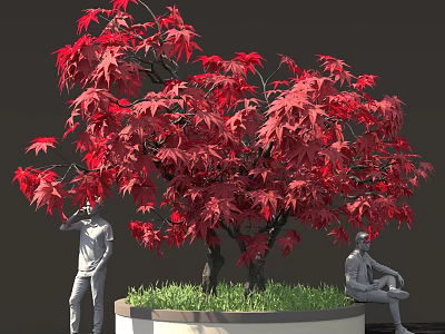 Red Maple Tree With Vibrant Leaves And People Statues In Planter With Green Grass 3d model