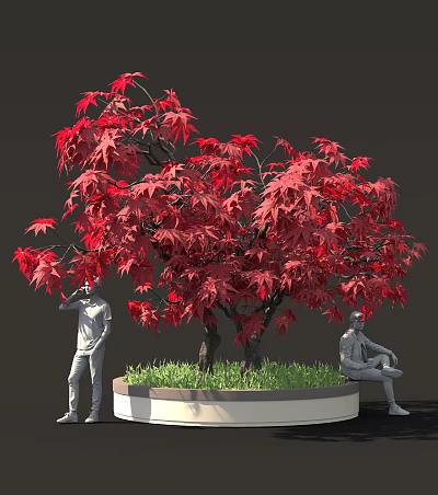 Red Maple Tree With Vibrant Leaves And People Statues In Planter With Green Grass 3d model