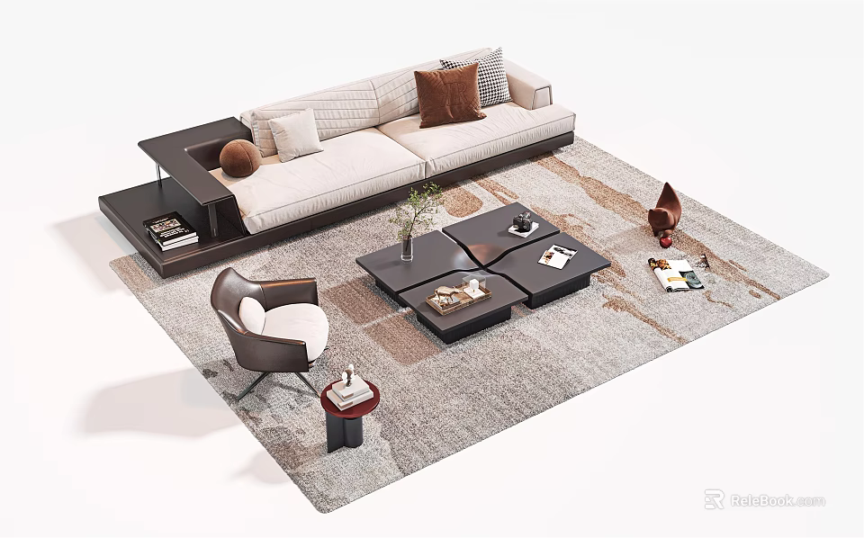 Modern Light Colored Sofa With Accent Pillows And Modular Coffee Table Set On Area Rug 3d model