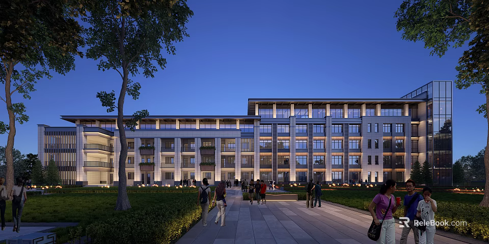 Evening View Of Modern School Building Exterior Illuminated With Trees Lawns And Pedestrians 3d model 