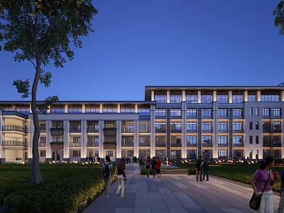 Evening View Of Modern School Building Exterior Illuminated With Trees Lawns And Pedestrians 3d model